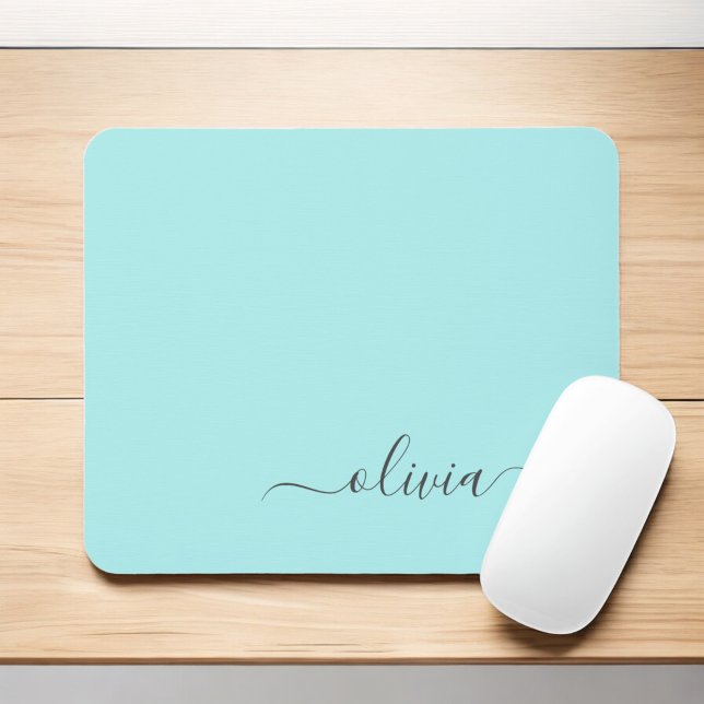 Aqua Blue Teal Girly Script Monogram Name Modern Mouse Mat (Creator Uploaded)