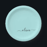 Aqua Blue Teal Girly Script Monogram Name Modern Paper Plate<br><div class="desc">Aqua Blue Teal Monogram Add Your Own Name Script Party Plates. This makes the perfect sweet 16 birthday,  wedding,  bridal shower,  anniversary,  baby shower or bachelorette party gift for someone that loves glam luxury and chic styles.</div>