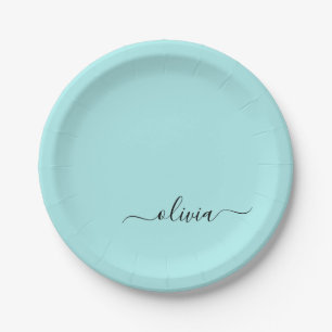Aqua Blue Teal Girly Script Monogram Name Modern Paper Plate