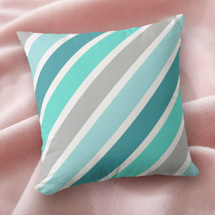 Aqua Blue Teal Grey White Giant Stripe Cushion
