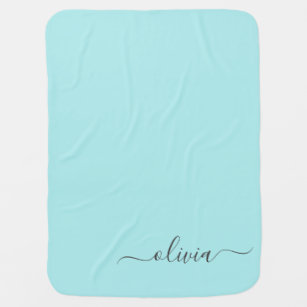 Aqua Blue Teal Modern Script Girly Monogram Name Baby Blanket
