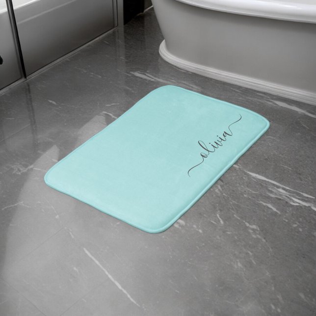Aqua Blue Teal Modern Script Girly Monogram Name Bath Mat (Creator Uploaded)