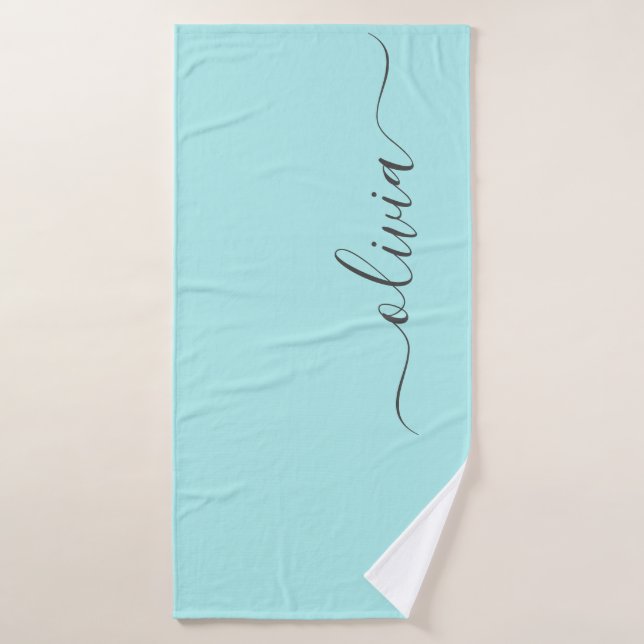 Aqua Blue Teal Modern Script Girly Monogram Name Bath Towel (Bath Towel)