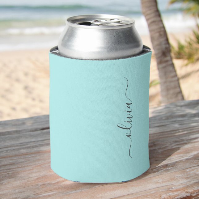 Aqua Blue Teal Modern Script Girly Monogram Name Can Cooler (Creator Uploaded)