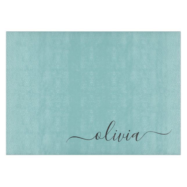 Aqua Blue Teal Modern Script Girly Monogram Name Cutting Board (Front)