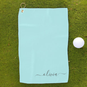 Aqua Blue Teal Modern Script Girly Monogram Name Golf Towel