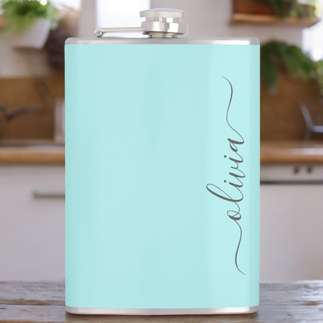 Aqua Blue Teal Modern Script Girly Monogram Name Hip Flask (Creator Uploaded)
