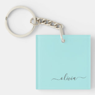 Aqua Blue Teal Modern Script Girly Monogram Name Key Ring