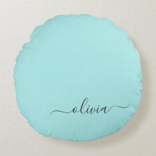 Aqua Blue Teal Modern Script Girly Monogram Name Round Cushion