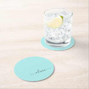 Aqua Blue Teal Modern Script Girly Monogram Name Round Paper Coaster