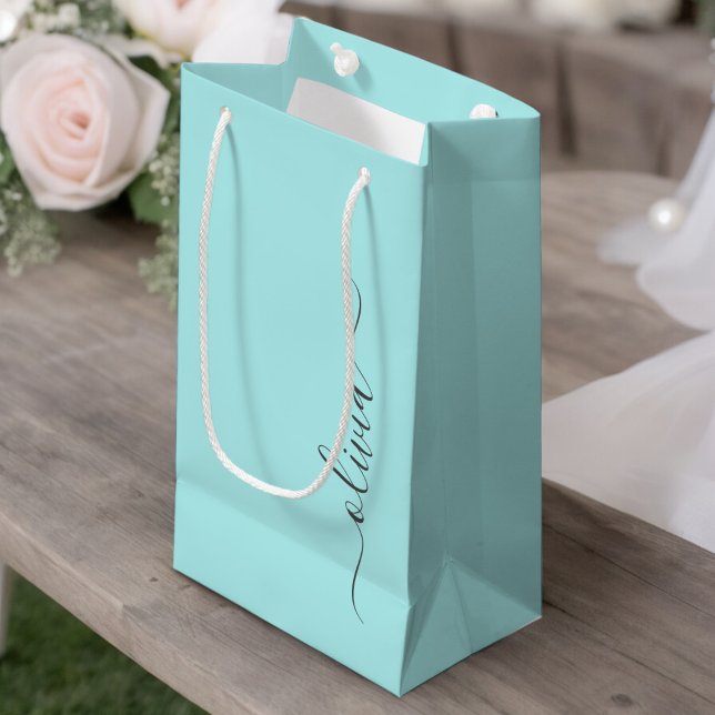 Aqua Blue Teal Modern Script Girly Monogram Name Small Gift Bag (Creator Uploaded)