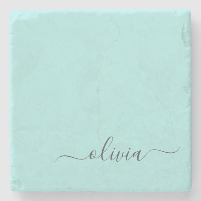Aqua Blue Teal Modern Script Girly Monogram Name Stone Coaster (Front)