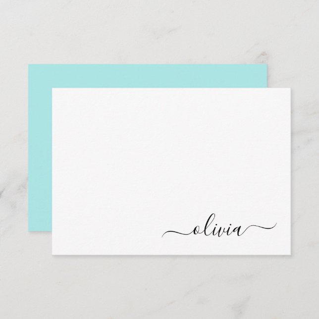 Aqua Blue Teal Modern Script Girly Monogram Name Thank You Card (Front/Back)