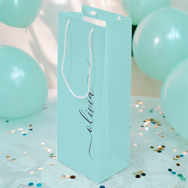 Aqua Blue Teal Modern Script Girly Monogram Name Wine Gift Bag (Creator Uploaded)