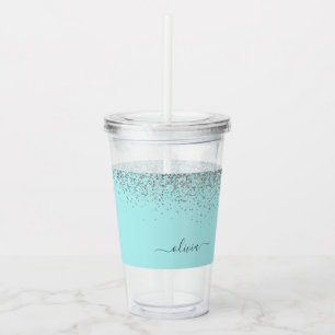 Aqua Blue Teal Silver Glitter Monogram Acrylic Tumbler