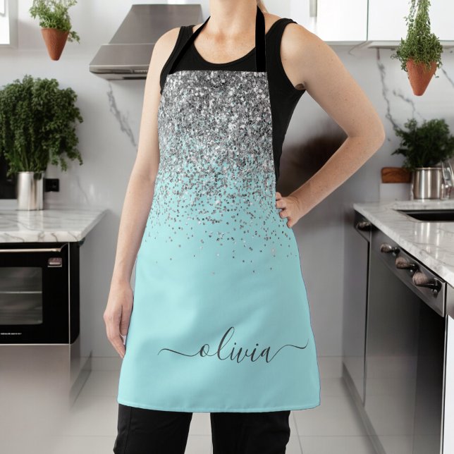 Aqua Blue Teal Silver Glitter Monogram Apron (Creator Uploaded)