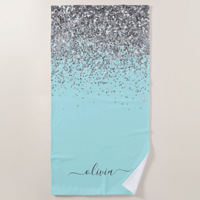 Aqua Blue Teal Silver Glitter Monogram Beach Towel (Front)