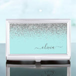 Aqua Blue Teal Silver Glitter Monogram Business Card Holder<br><div class="desc">Aqua Blue - Teal and Silver Sparkle Glitter Script Monogram Name Business Card Holder. This makes the perfect sweet 16 birthday,  wedding,  bridal shower,  anniversary,  baby shower or bachelorette party gift for someone that loves glam luxury and chic styles.</div>