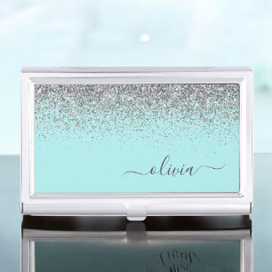 Aqua Blue Teal Silver Glitter Monogram Business Card Holder
