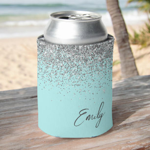 Aqua Blue Teal Silver Glitter Monogram Can Cooler