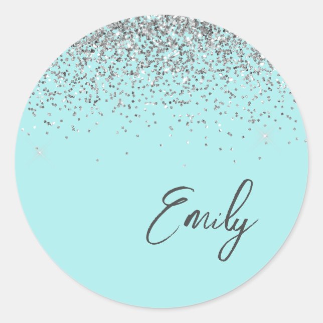 Aqua Blue Teal Silver Glitter Monogram Classic Round Sticker (Front)
