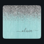 Aqua Blue Teal Silver Glitter Monogram Cutting Board<br><div class="desc">Aqua Blue - Teal and Silver Sparkle Glitter Script Monogram Name Cutting Board. This makes the perfect graduation,  birthday,  wedding,  bridal shower,  anniversary,  baby shower or bachelorette party gift for someone that loves glam luxury and chic styles.</div>