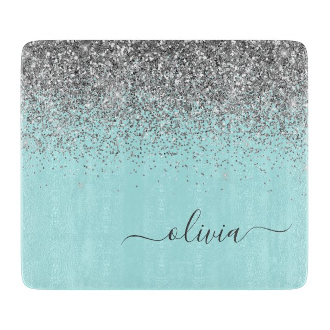 Aqua Blue Teal Silver Glitter Monogram Cutting Board (Front)