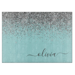 Aqua Blue Teal Silver Glitter Monogram Cutting Board