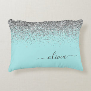 Aqua Blue Teal Silver Glitter Monogram Decorative Cushion