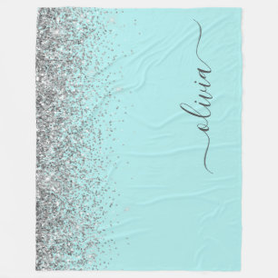 Aqua Blue Teal Silver Glitter Monogram Fleece Blanket