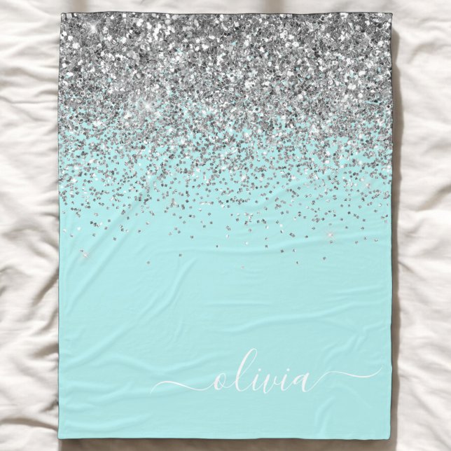 Aqua Blue Teal Silver Glitter Monogram Fleece Blanket (Creator Uploaded)