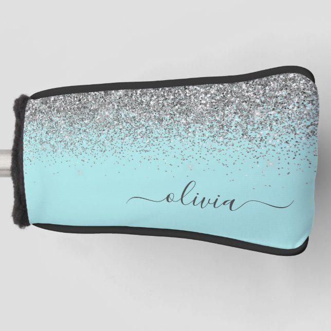 Aqua Blue Teal Silver Glitter Monogram Golf Head Cover (Front)