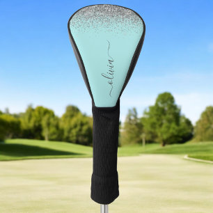 Aqua Blue Teal Silver Glitter Monogram Golf Head Cover