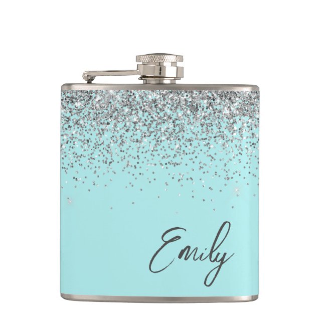 Aqua Blue Teal Silver Glitter Monogram Hip Flask (Front)