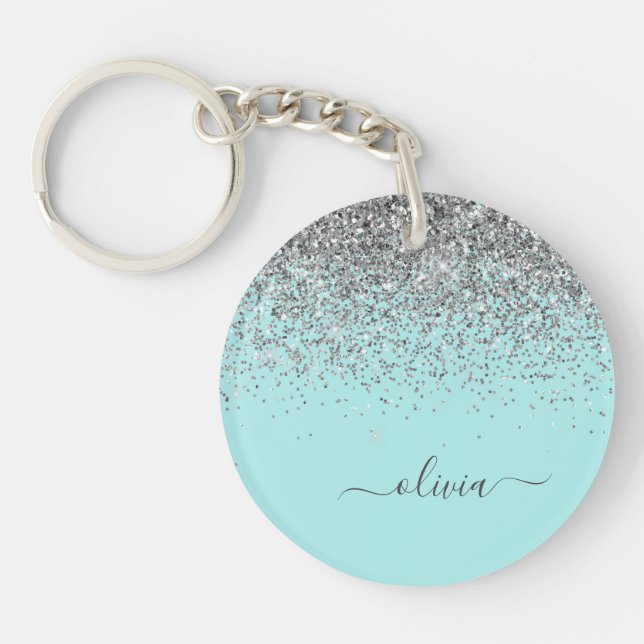 Aqua Blue Teal Silver Glitter Monogram Key Ring (Front)