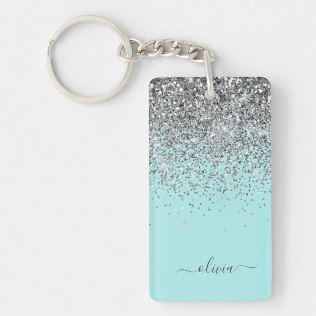 Aqua Blue Teal Silver Glitter Monogram Key Ring (Front)