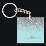 Aqua Blue Teal Silver Glitter Monogram Key Ring<br><div class="desc">Aqua Blue - Teal and Silver Faux Foil Sparkle Glitter Script Monogram Name Keychain. This makes the perfect sweet 16 birthday,  wedding,  bridal shower,  anniversary,  baby shower or bachelorette party gift for someone that loves glam luxury and chic styles.</div>