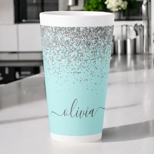 Aqua Blue Teal Silver Glitter Monogram Latte Mug