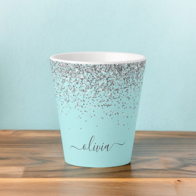 Aqua Blue Teal Silver Glitter Monogram Latte Mug (Creator Uploaded)