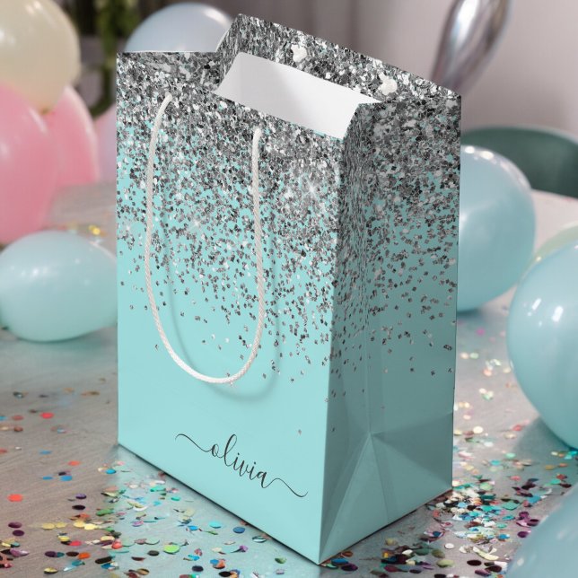 Aqua Blue Teal Silver Glitter Monogram Medium Gift Bag (Creator Uploaded)