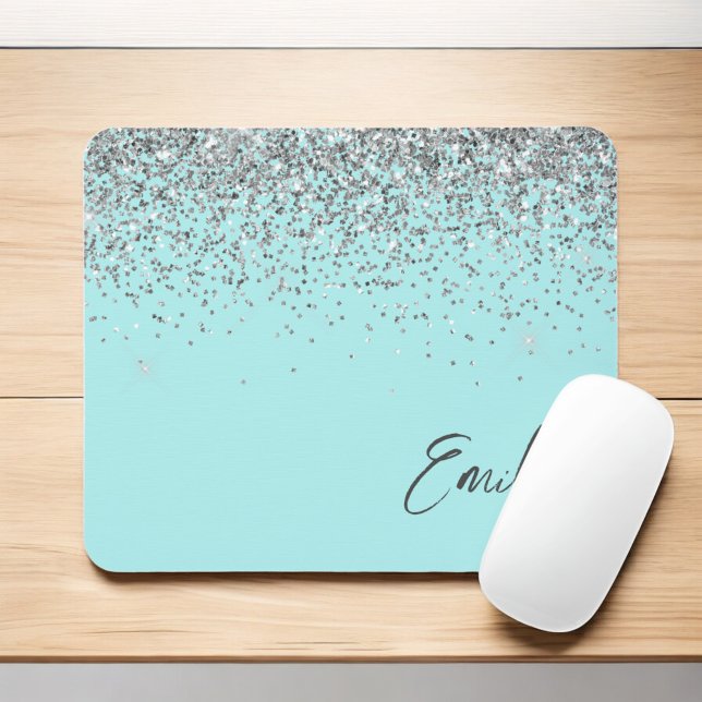 Aqua Blue Teal Silver Glitter Monogram Mouse Mat (Creator Uploaded)