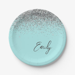Aqua Blue Teal Silver Glitter Monogram Paper Plate