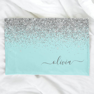 Aqua Blue Teal Silver Glitter Monogram Pillowcase