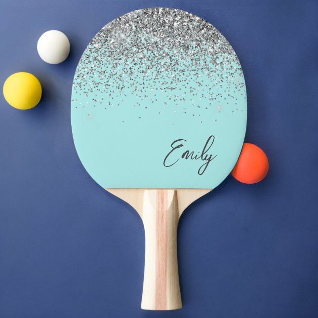 Aqua Blue Teal Silver Glitter Monogram Ping Pong Paddle (Creator Uploaded)