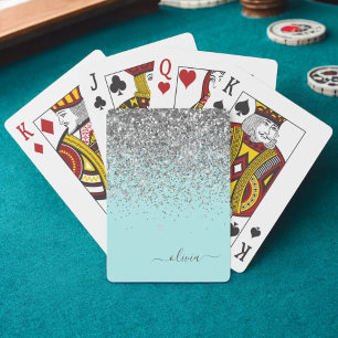 Aqua Blue Teal Silver Glitter Monogram Playing Cards