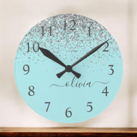 Aqua Blue Teal Silver Glitter Monogram