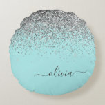 Aqua Blue Teal Silver Glitter Monogram Round Cushion<br><div class="desc">Aqua Blue - Teal and Silver Sparkle Glitter Script Monogram Name Pouf Pillow. The pillow makes the perfect sweet 16 birthday,  wedding,  bridal shower,  baby shower or bachelorette party gift for someone decorating her room in rose gold.</div>