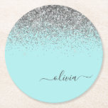 Aqua Blue Teal Silver Glitter Monogram Round Paper Coaster<br><div class="desc">Aqua Blue - Teal and Silver Sparkle Glitter Script Monogram Name Paper Coasters. This makes the perfect graduation,  birthday,  wedding,  bridal shower,  anniversary,  baby shower or bachelorette party gift for someone that loves glam luxury and chic styles.</div>