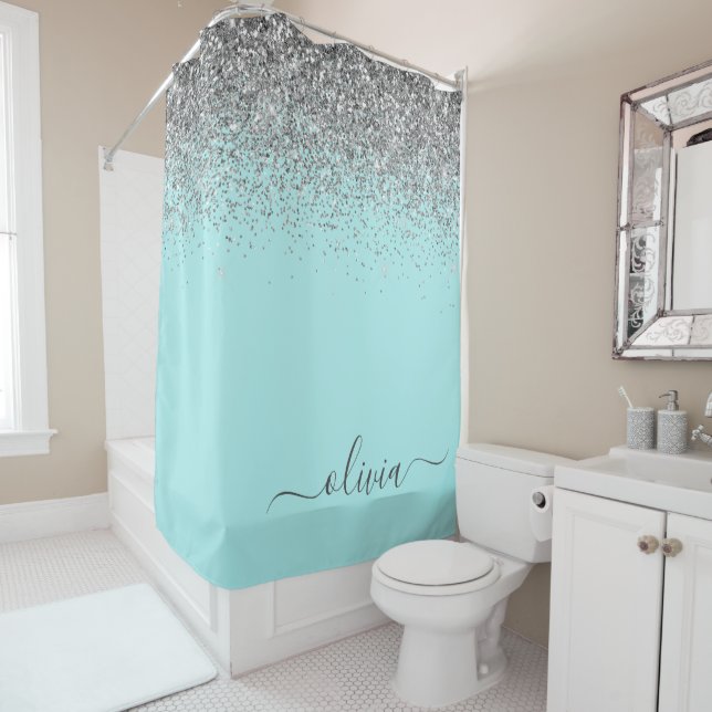 Aqua Blue Teal Silver Glitter Monogram Shower Curtain (In Situ)