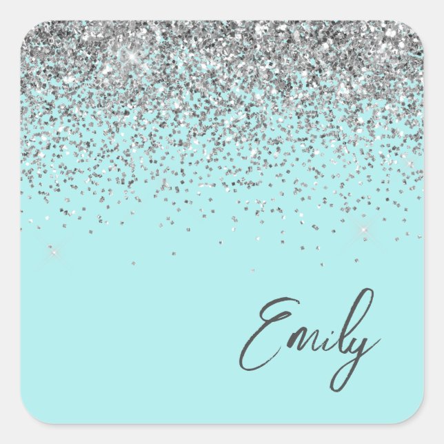 Aqua Blue Teal Silver Glitter Monogram Square Sticker (Front)